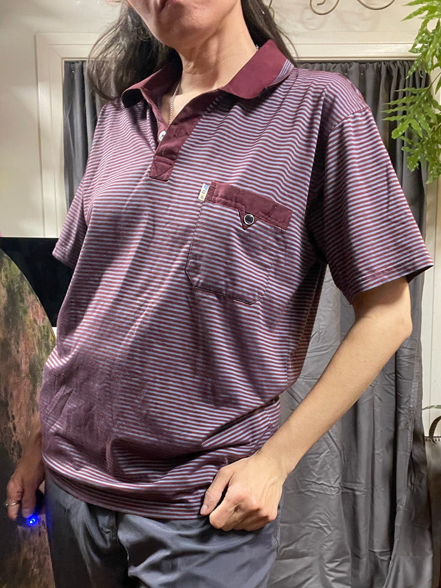 Baoshu Shijia Gray & Maroon Retro Polo Shirt, size M/L