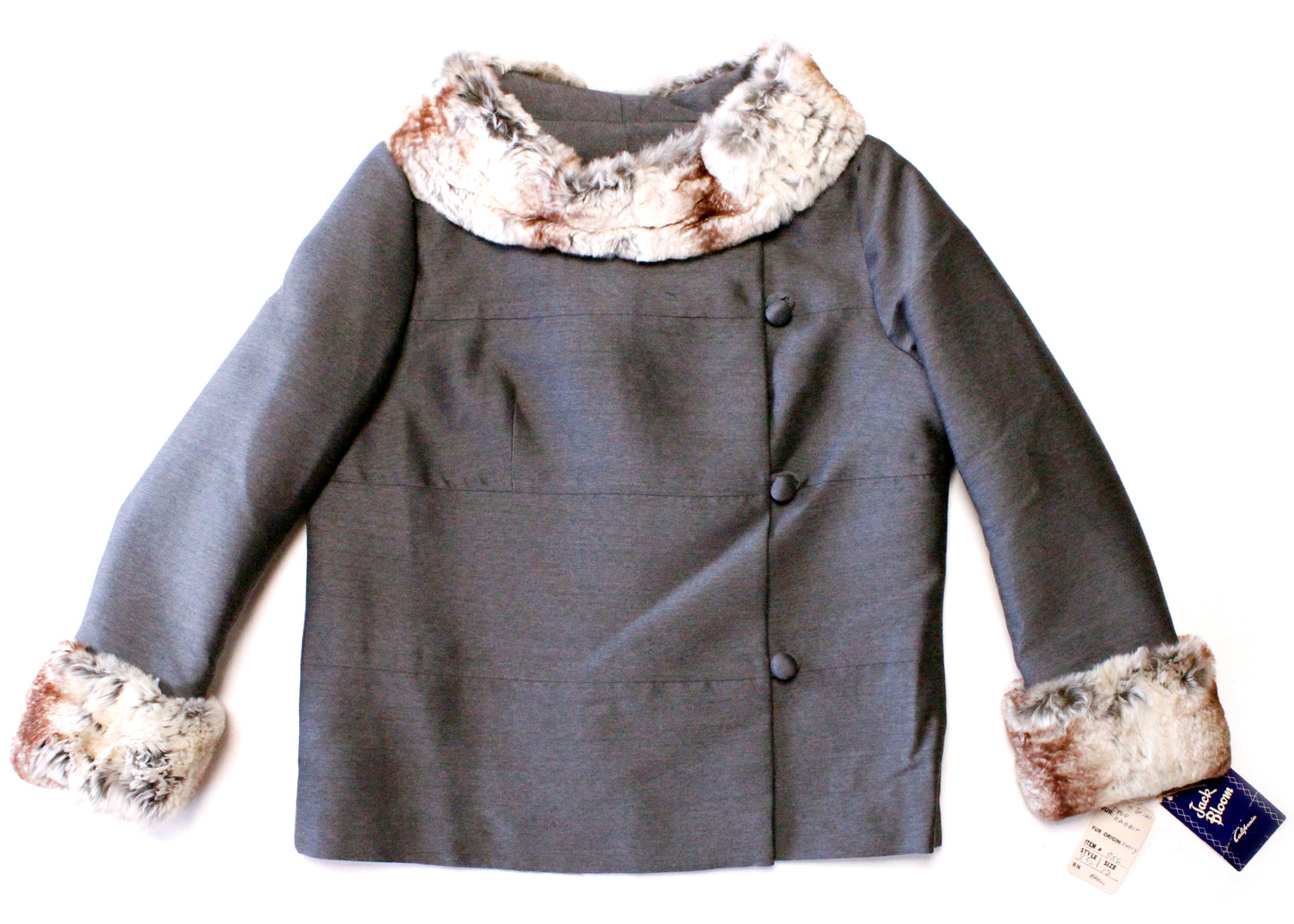 Jack Bloom California 1950s Deadstock Gray Jacket with Rabbit Fur Trim & Off-Center Closures. 90% Worsted Wool; 10% Silk body with Dyed Rabbit Fur trim from Italy