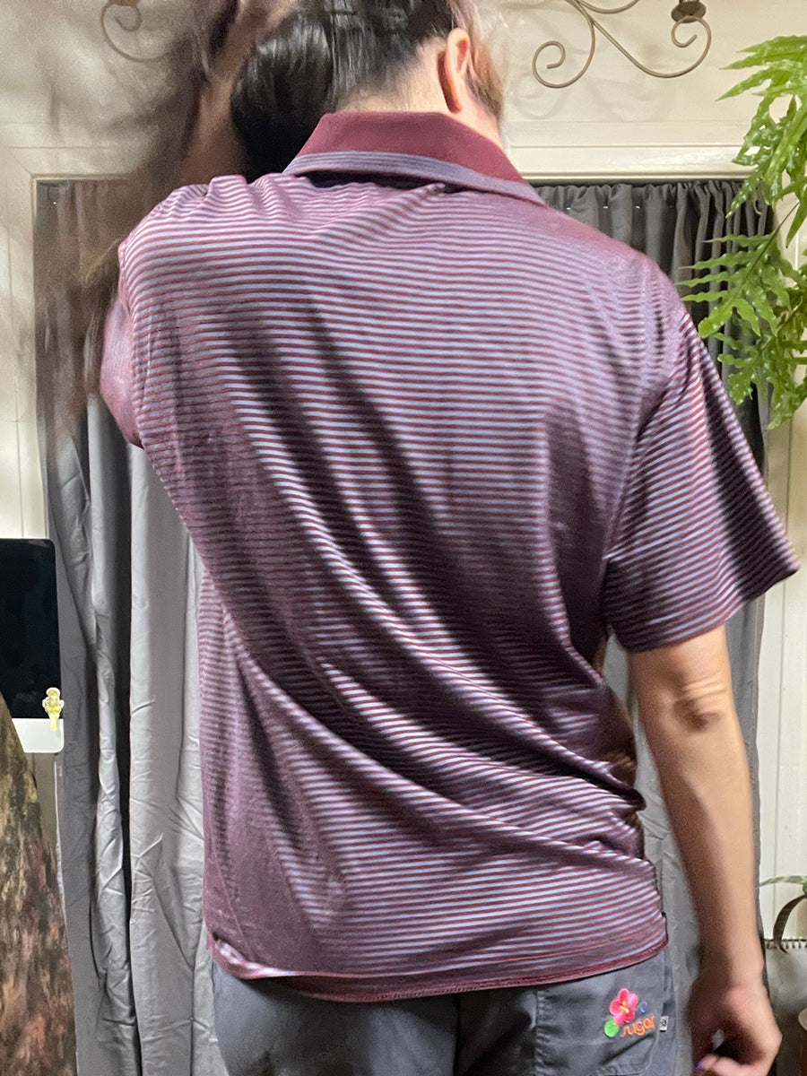 Baoshu Shijia Gray & Maroon Retro Polo Shirt, size M/L