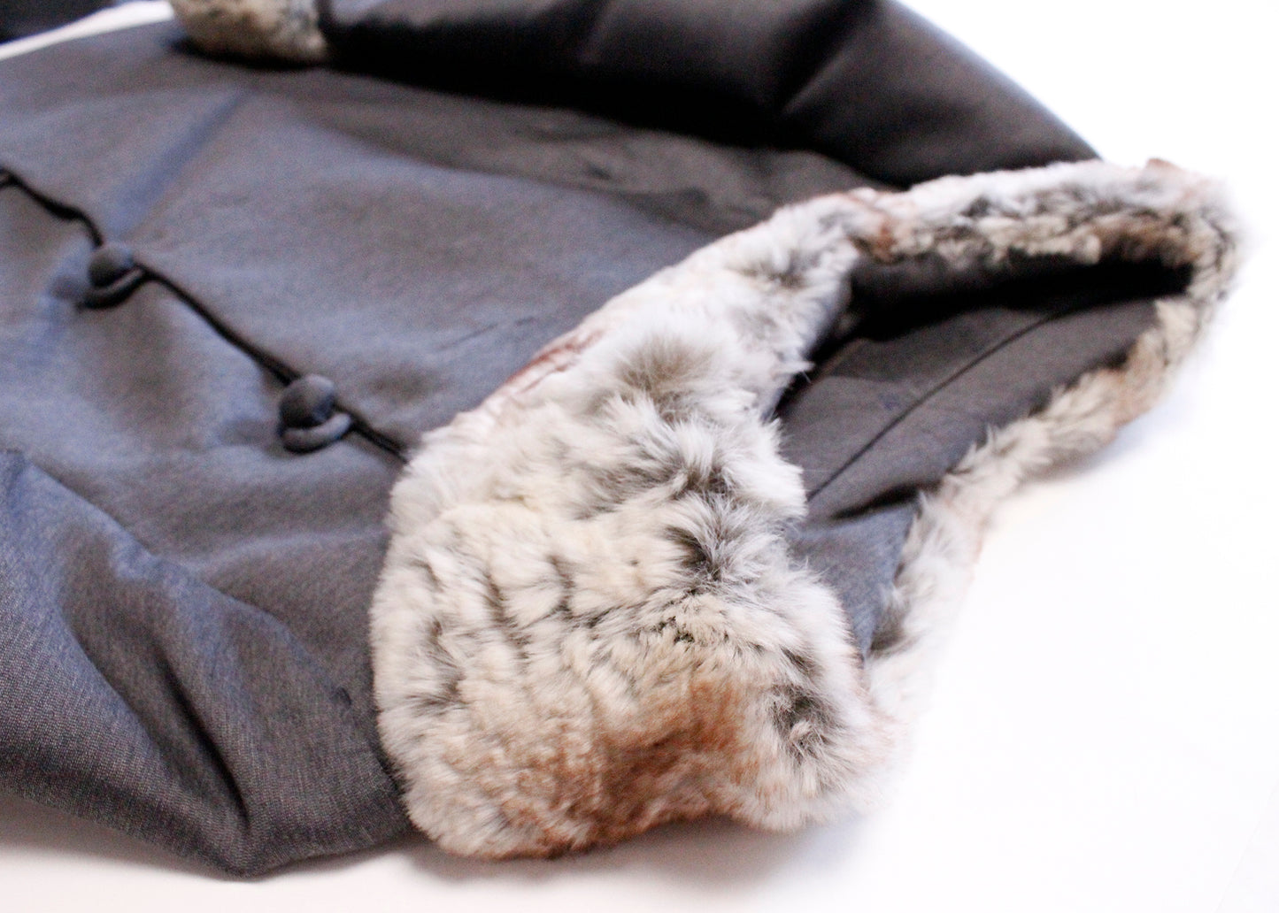 Jack Bloom California 1950s Deadstock Gray Jacket with Rabbit Fur Trim & Off-Center Closures. 90% Worsted Wool; 10% Silk body with Dyed Rabbit Fur trim from Italy
