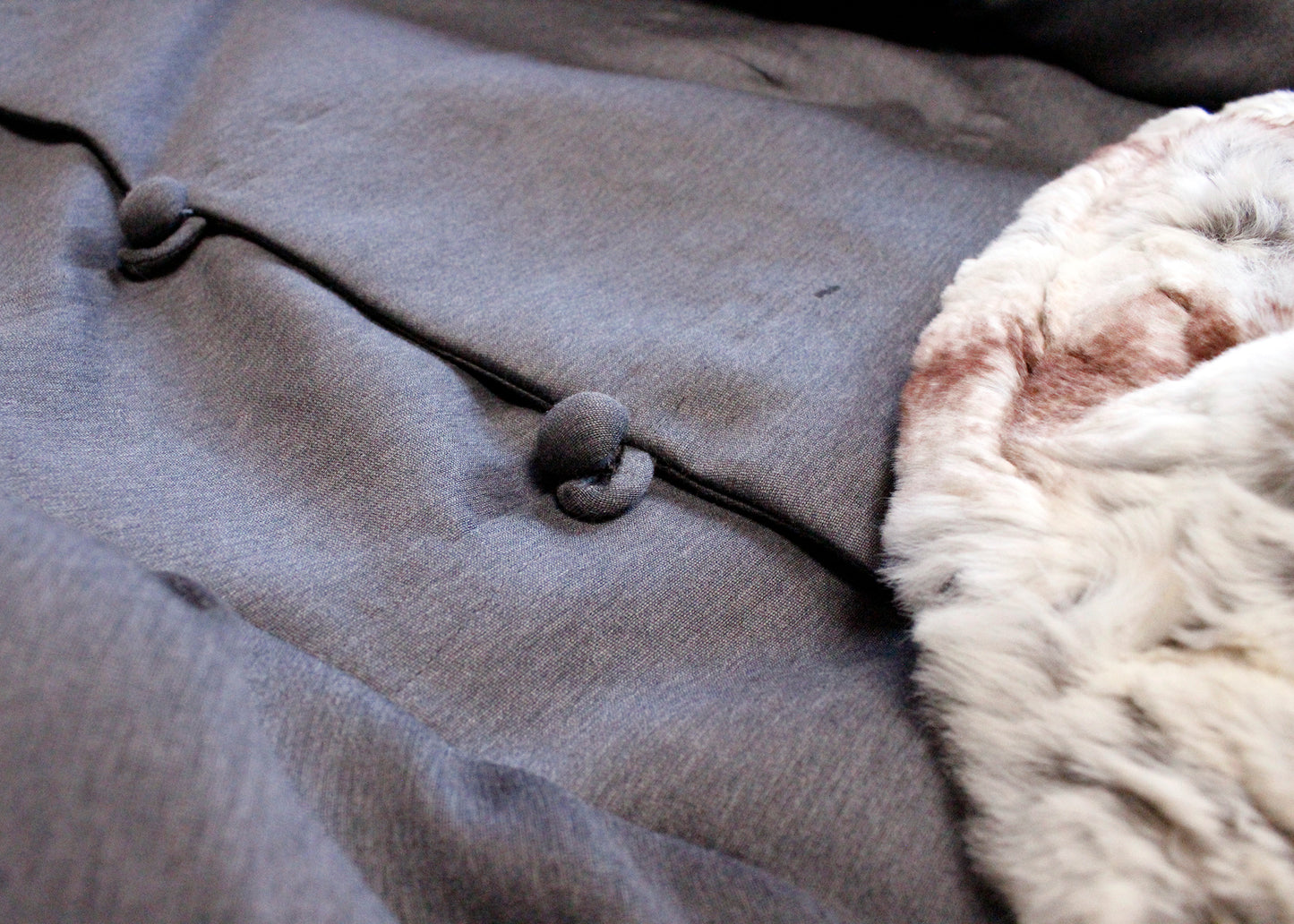 Jack Bloom California 1950s Deadstock Gray Jacket with Rabbit Fur Trim & Off-Center Closures. 90% Worsted Wool; 10% Silk body with Dyed Rabbit Fur trim from Italy