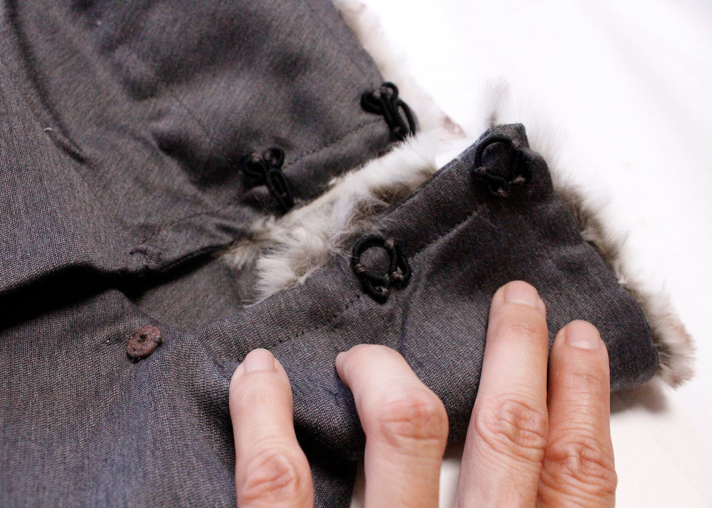 Jack Bloom California 1950s Deadstock Gray Jacket with Rabbit Fur Trim & Off-Center Closures. 90% Worsted Wool; 10% Silk body with Dyed Rabbit Fur trim from Italy