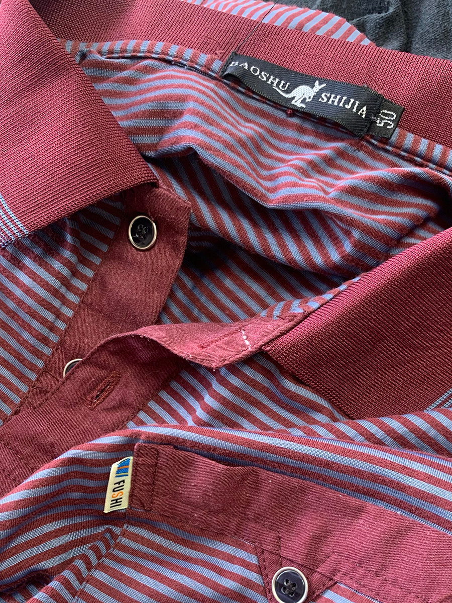 Baoshu Shijia Gray & Maroon Retro Polo Shirt, size M/L