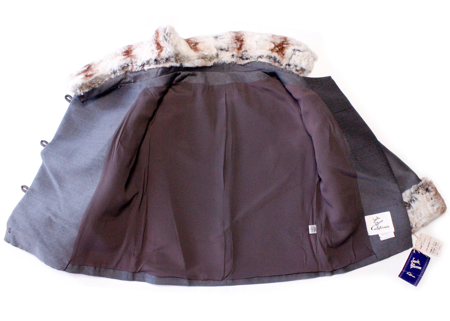 Jack Bloom California 1950s Deadstock Gray Jacket with Rabbit Fur Trim & Off-Center Closures. 90% Worsted Wool; 10% Silk body with Dyed Rabbit Fur trim from Italy