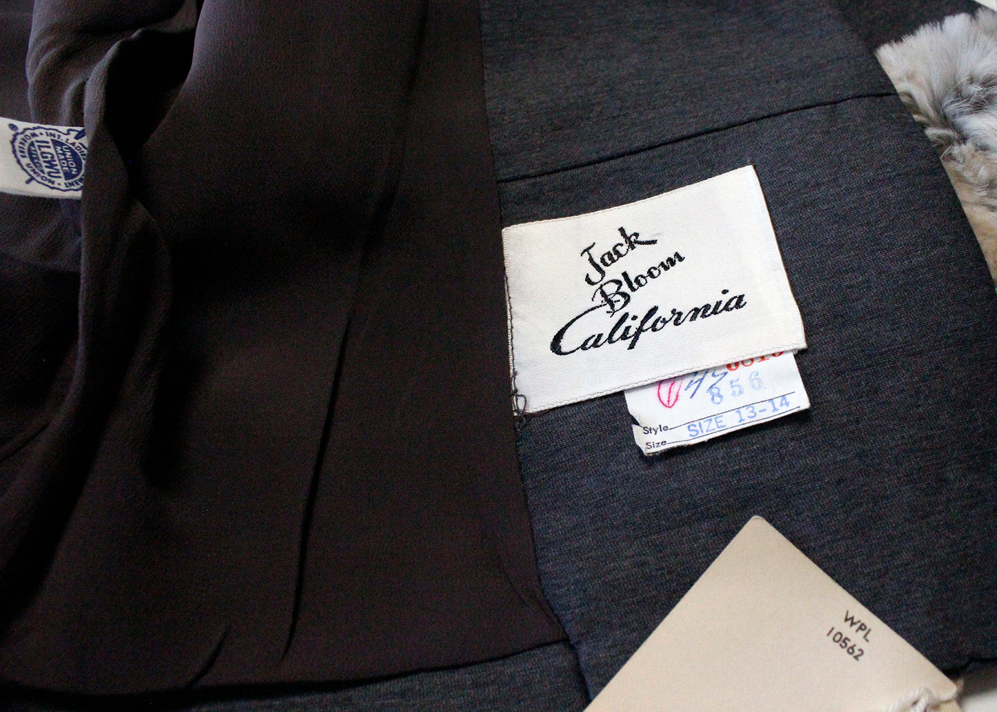 Jack Bloom California 1950s Deadstock Gray Jacket with Rabbit Fur Trim & Off-Center Closures. 90% Worsted Wool; 10% Silk body with Dyed Rabbit Fur trim from Italy