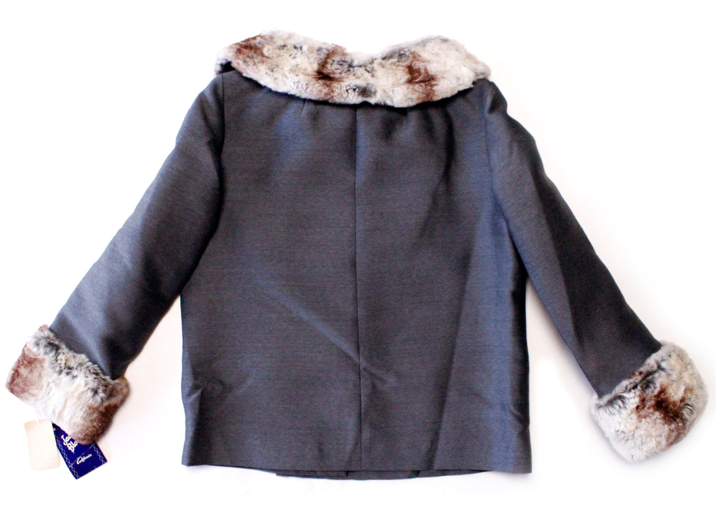 Jack Bloom California 1950s Deadstock Gray Jacket with Rabbit Fur Trim & Off-Center Closures. 90% Worsted Wool; 10% Silk body with Dyed Rabbit Fur trim from Italy