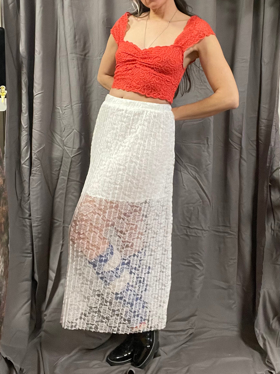 POL White Lace Pleated Skirt