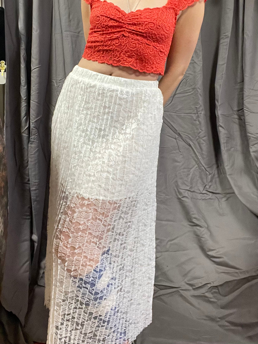 POL White Lace Pleated Skirt