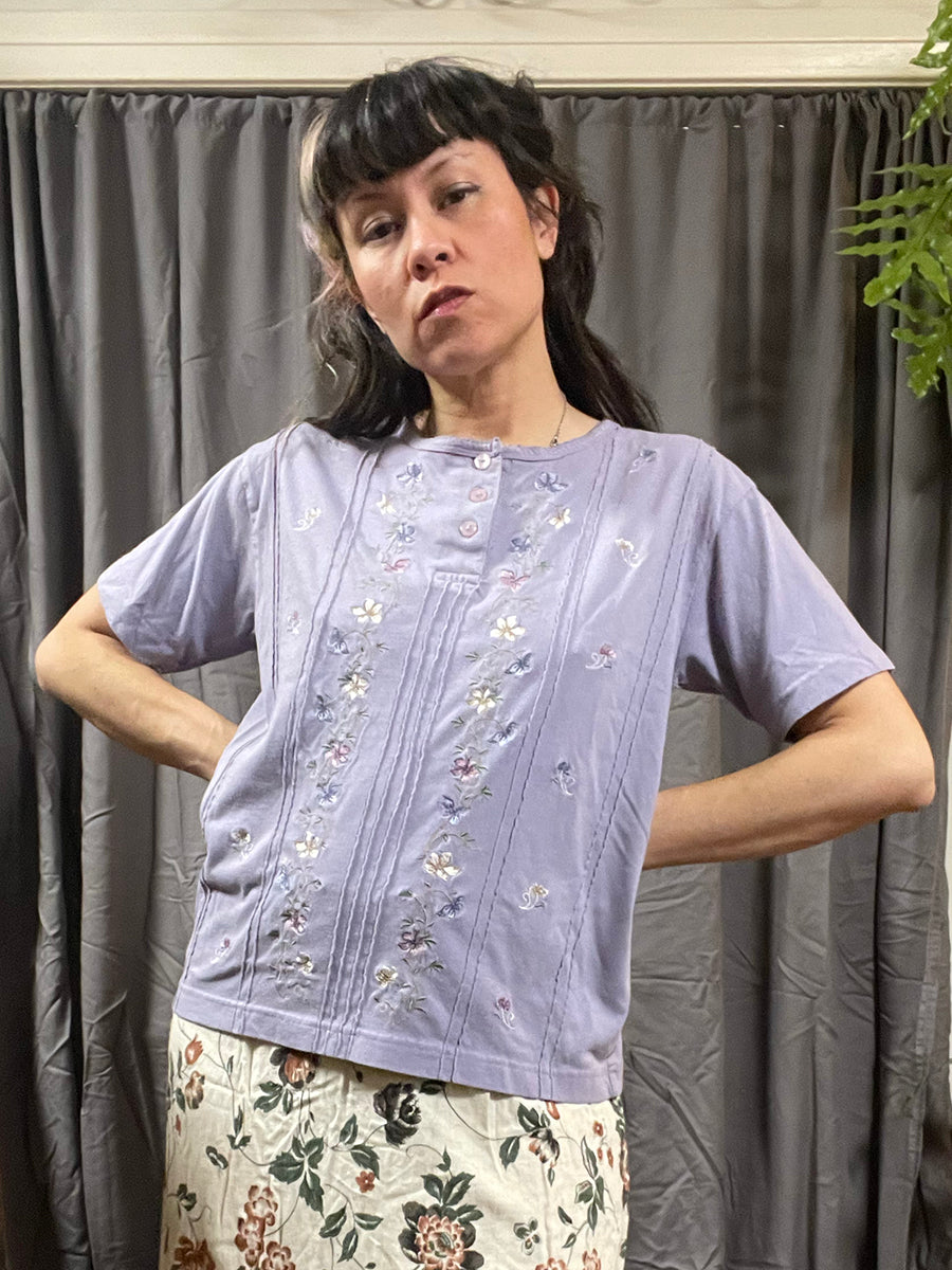 Shenanigans Nineties Cottagecore Floral Embroidered Lavender Henley Tee