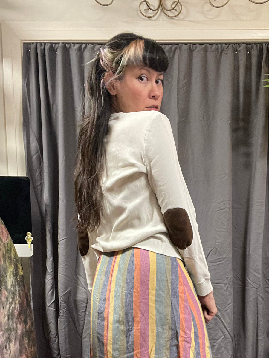 LRL Lauren Ralph Lauren Jeans Co. Ribbed Long Sleeve Off White Top with Brown Ultrasuede Elbow Patches & Zippered Shoulder