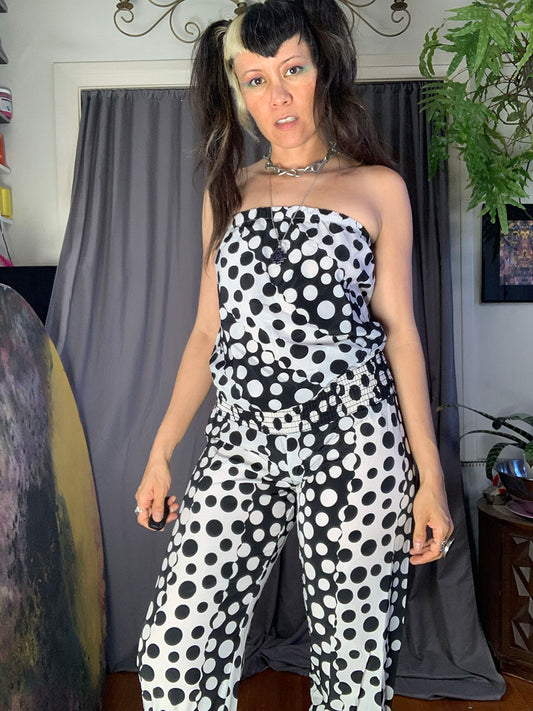 Va Va Voom Black & White Dots & Stripes Strapless Jumpsuit