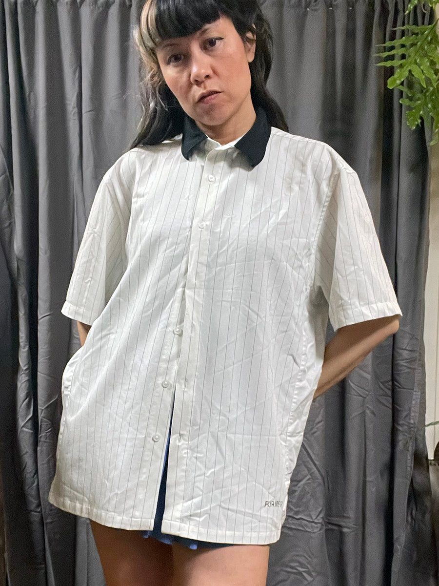 Former “Vivian” White Pinstripe Shirt with Black Collar