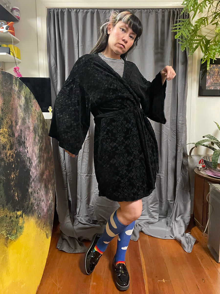 International Concepts Black Floral Burnout Velvet Robe