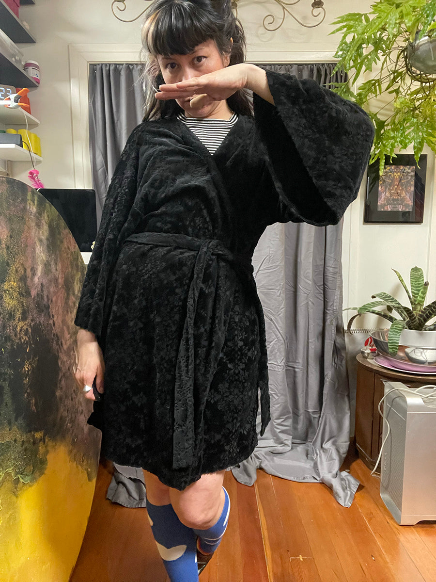 International Concepts Black Floral Burnout Velvet Robe