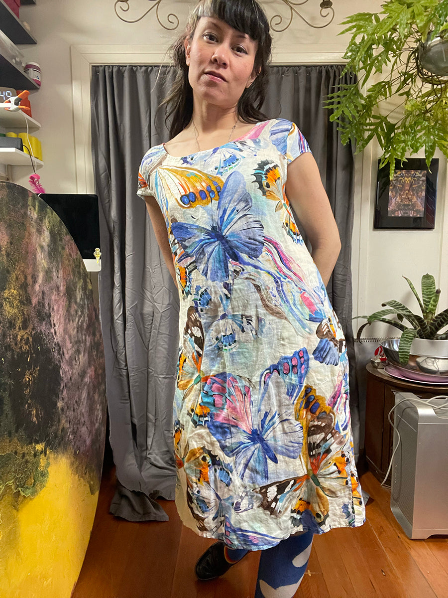 Linen Dress with Watercolor Butterfly Print