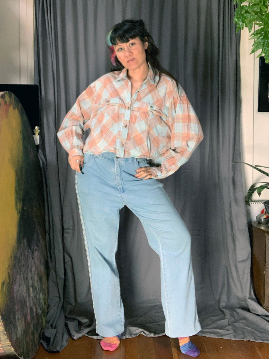 BDG “Callum” Cropped Button-Down Pastel Plaid Blouse