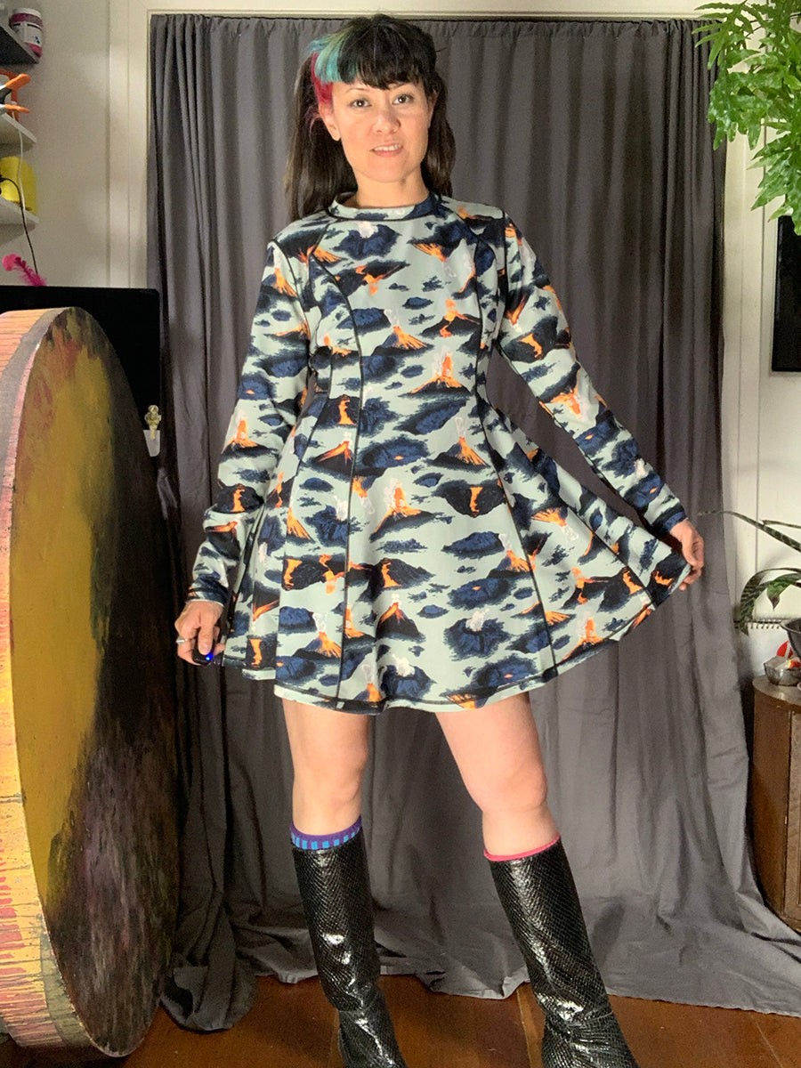 Hot Lava Volcano Print Long Sleeve Dress