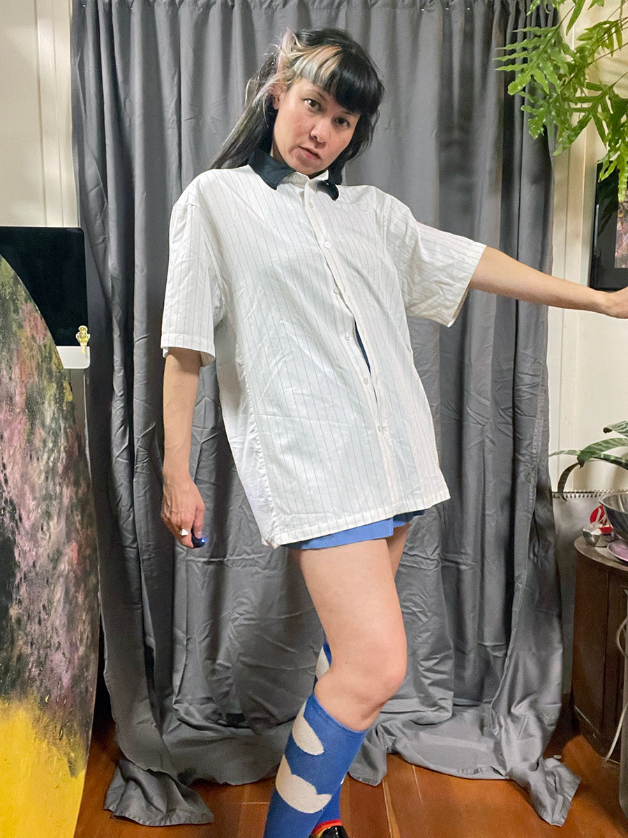 Former “Vivian” White Pinstripe Shirt with Black Collar