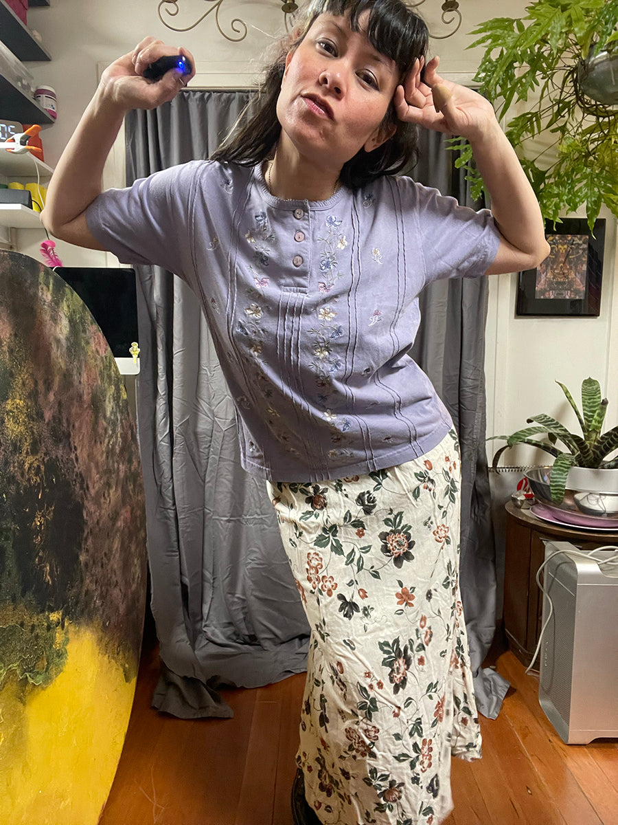 Shenanigans Nineties Cottagecore Floral Embroidered Lavender Henley Tee