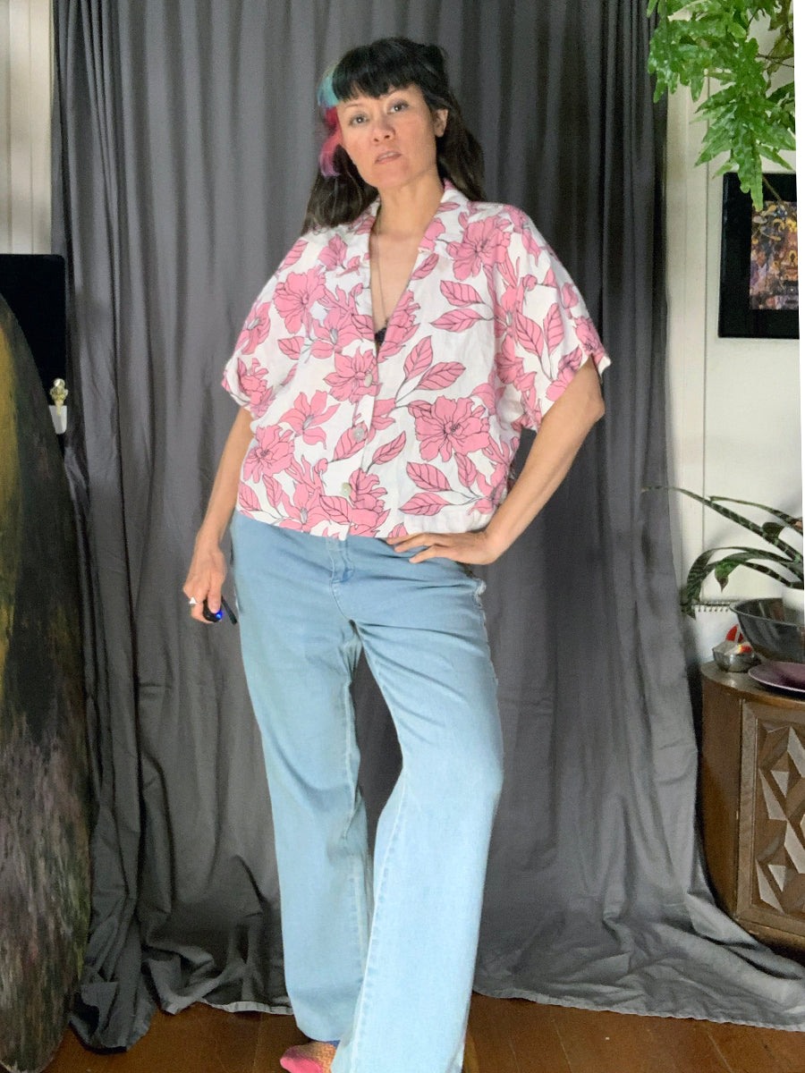 Marc New York Pink & White Floral Linen Blend Crop Blouse