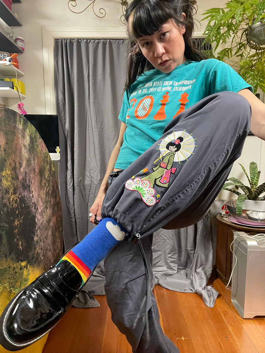 26 Red Sugar Gray Y2K Parachute Pants with Harajuku-Inspired Embroidery