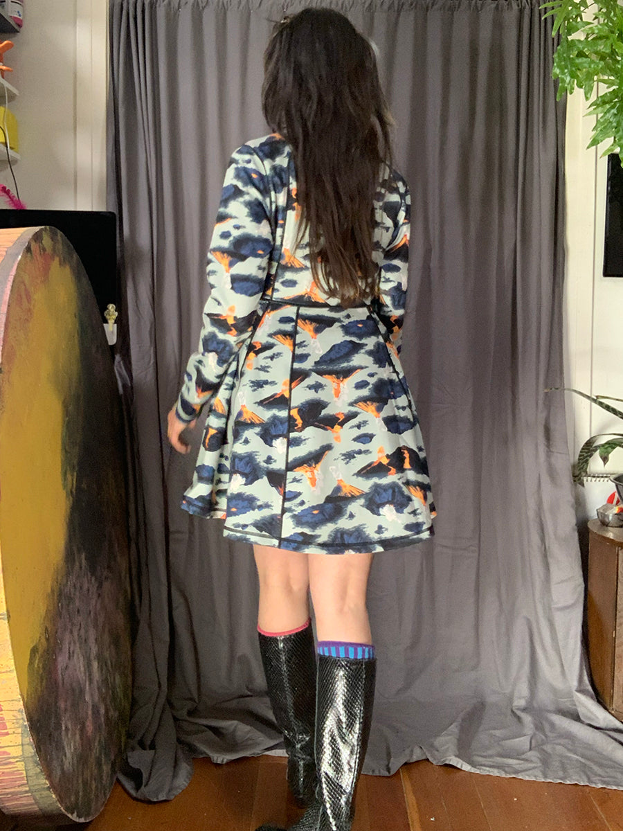 Hot Lava Volcano Print Long Sleeve Dress