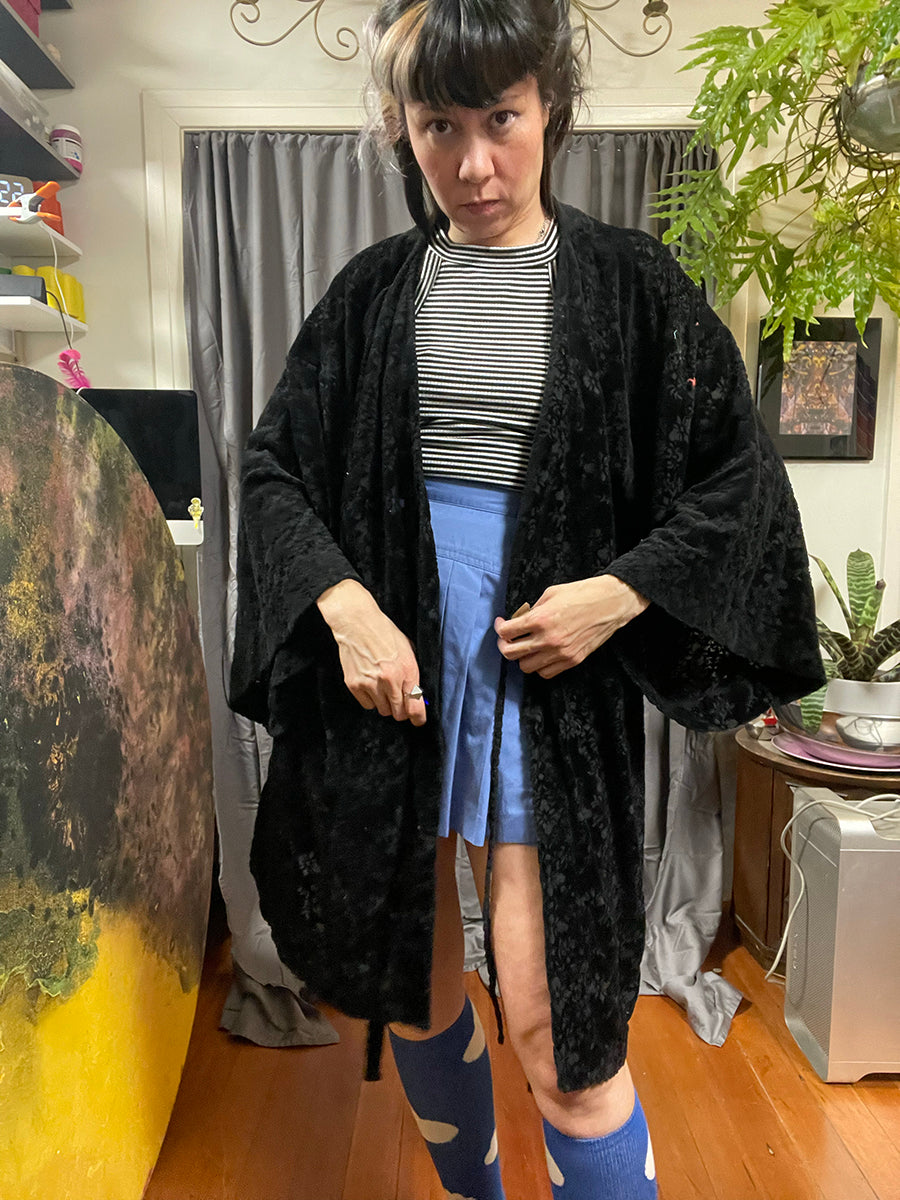 International Concepts Black Floral Burnout Velvet Robe