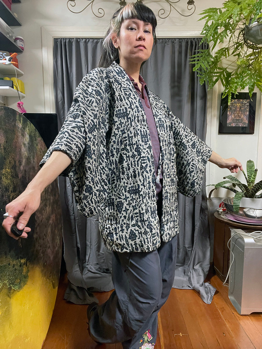 Vintage Kimono with Abstract Geometric Motif