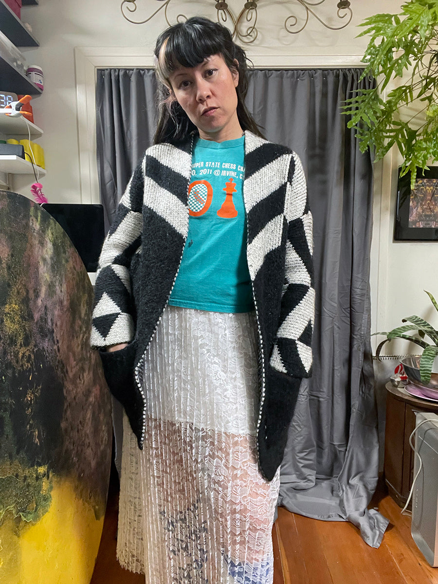 Maje "Milady" Black & White Chevron Cardigan Knit Car Coat