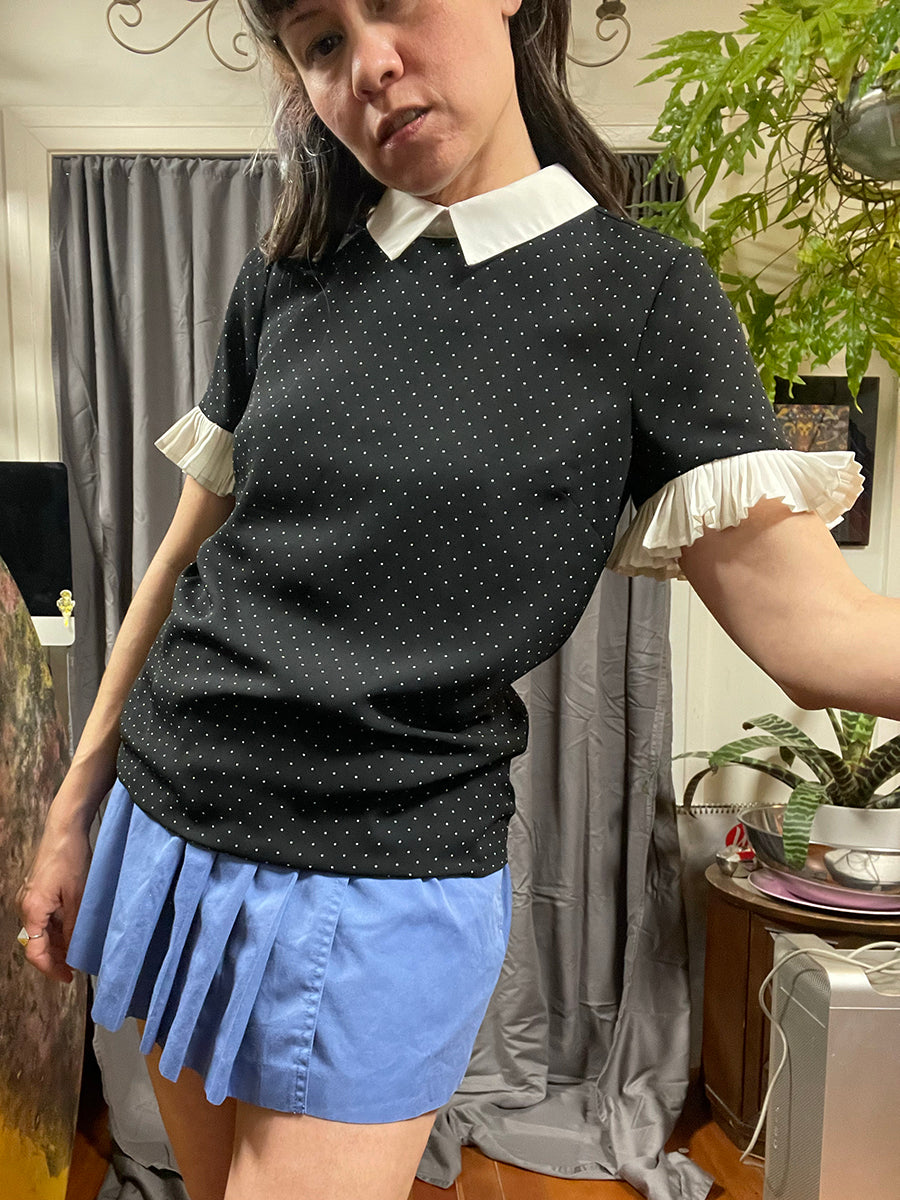 CeCe Swiss Dot Blouse with Contrast Collar & Pleated Sleeves