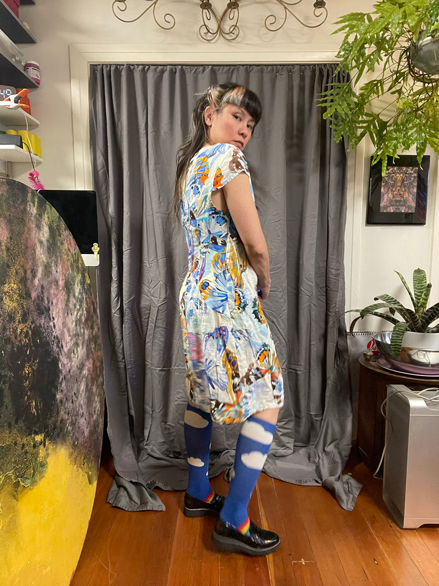 Linen Dress with Watercolor Butterfly Print