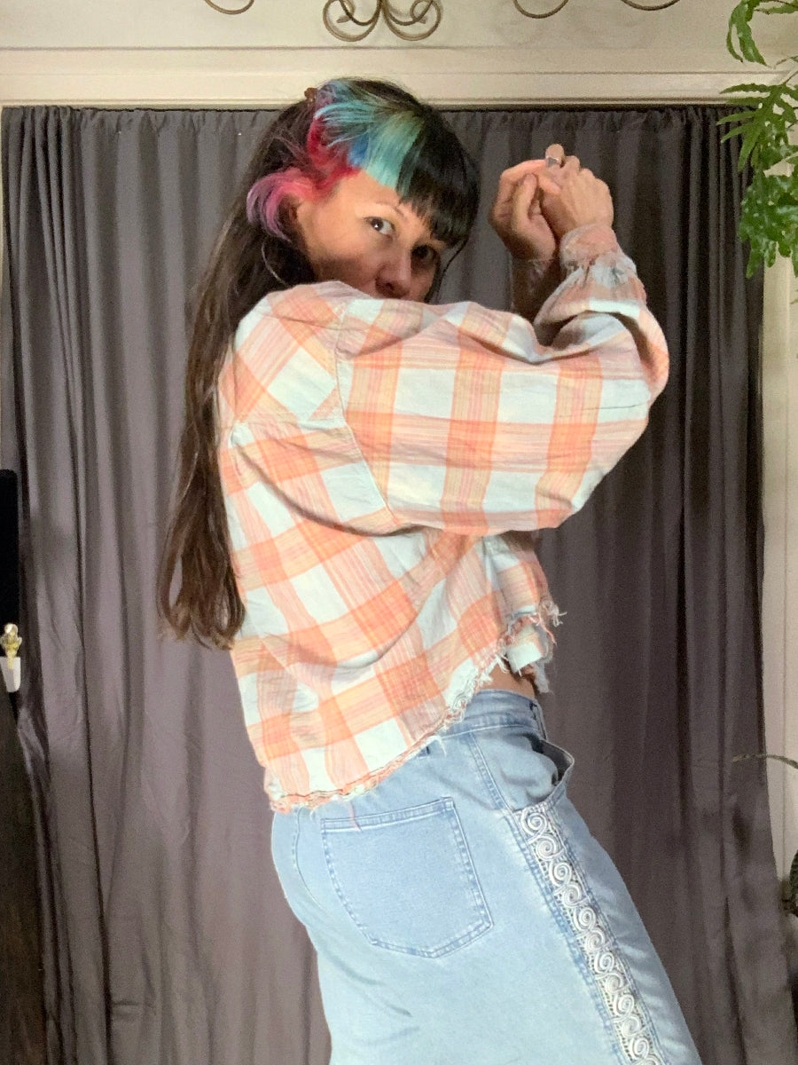 BDG “Callum” Cropped Button-Down Pastel Plaid Blouse