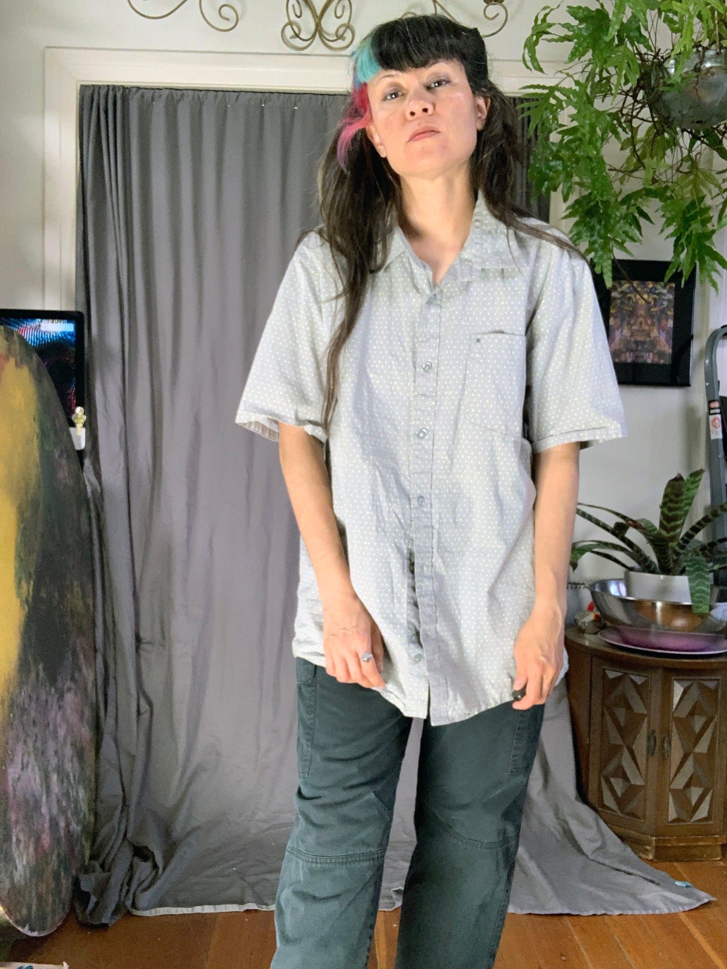 Hurley Gray & Yellow Short Sleeve Button Up in Digital Swiss Dot