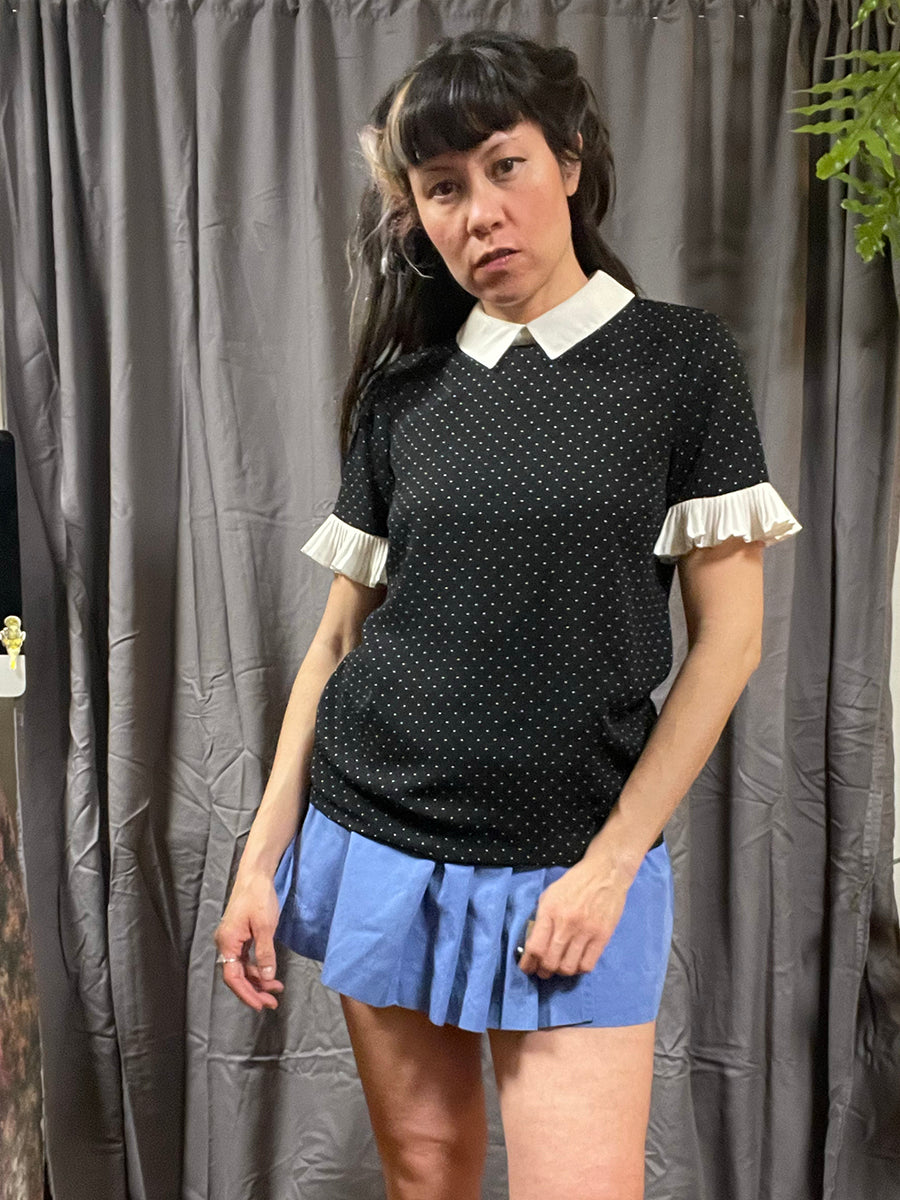 CeCe Swiss Dot Blouse with Contrast Collar & Pleated Sleeves