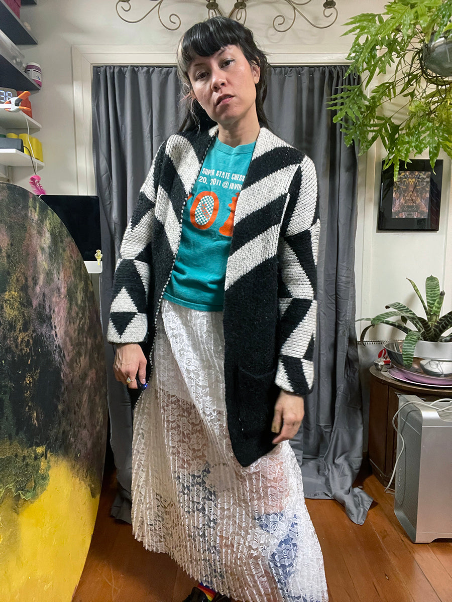 Maje "Milady" Black & White Chevron Cardigan Knit Car Coat