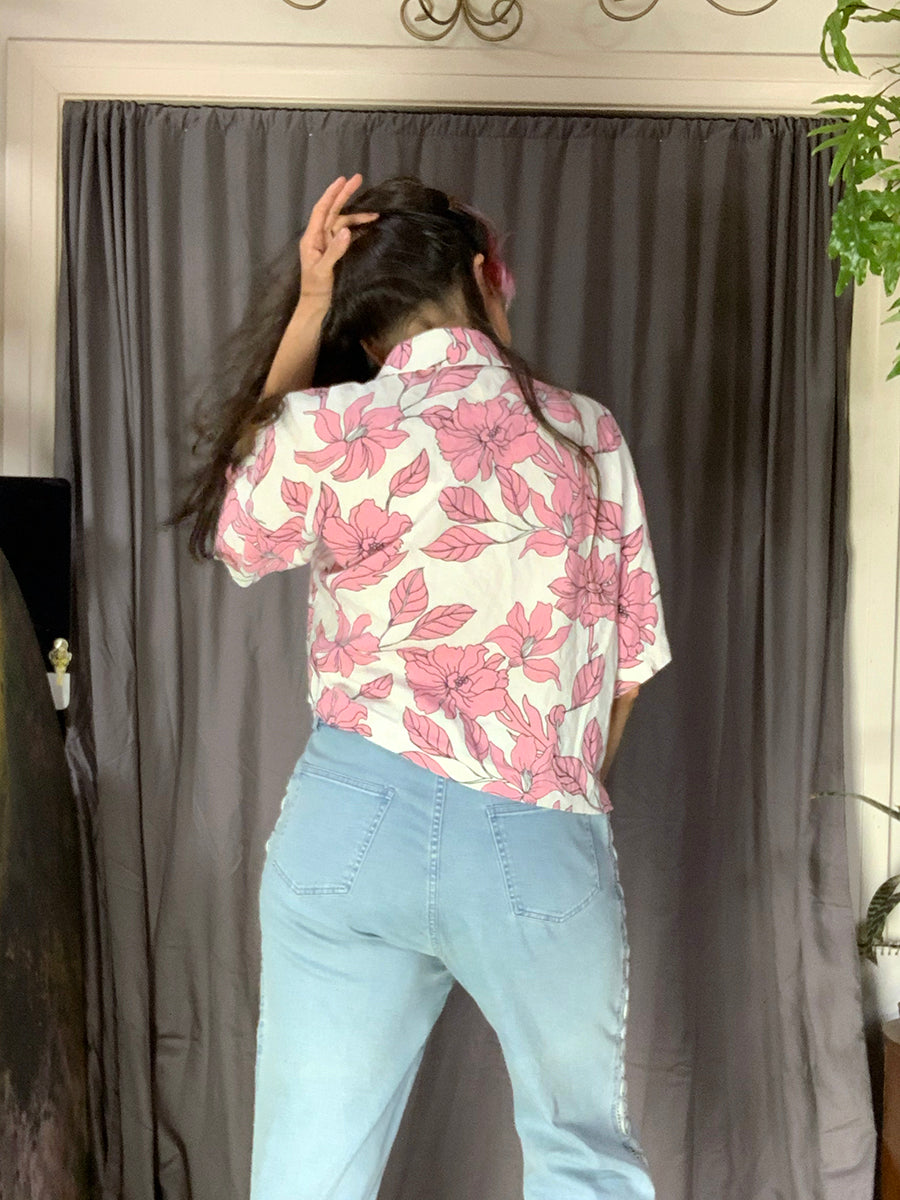 Marc New York Pink & White Floral Linen Blend Crop Blouse