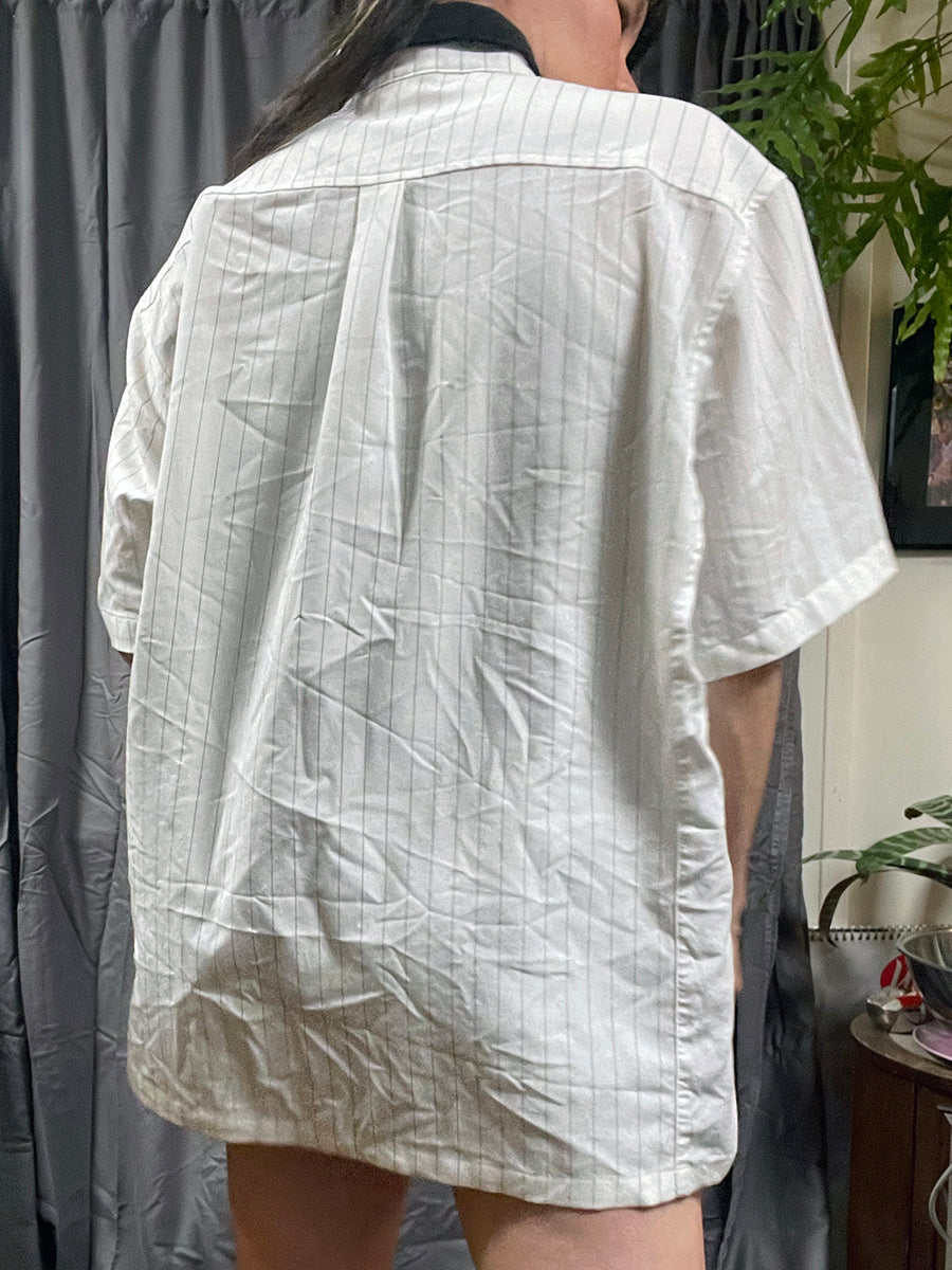 Former “Vivian” White Pinstripe Shirt with Black Collar