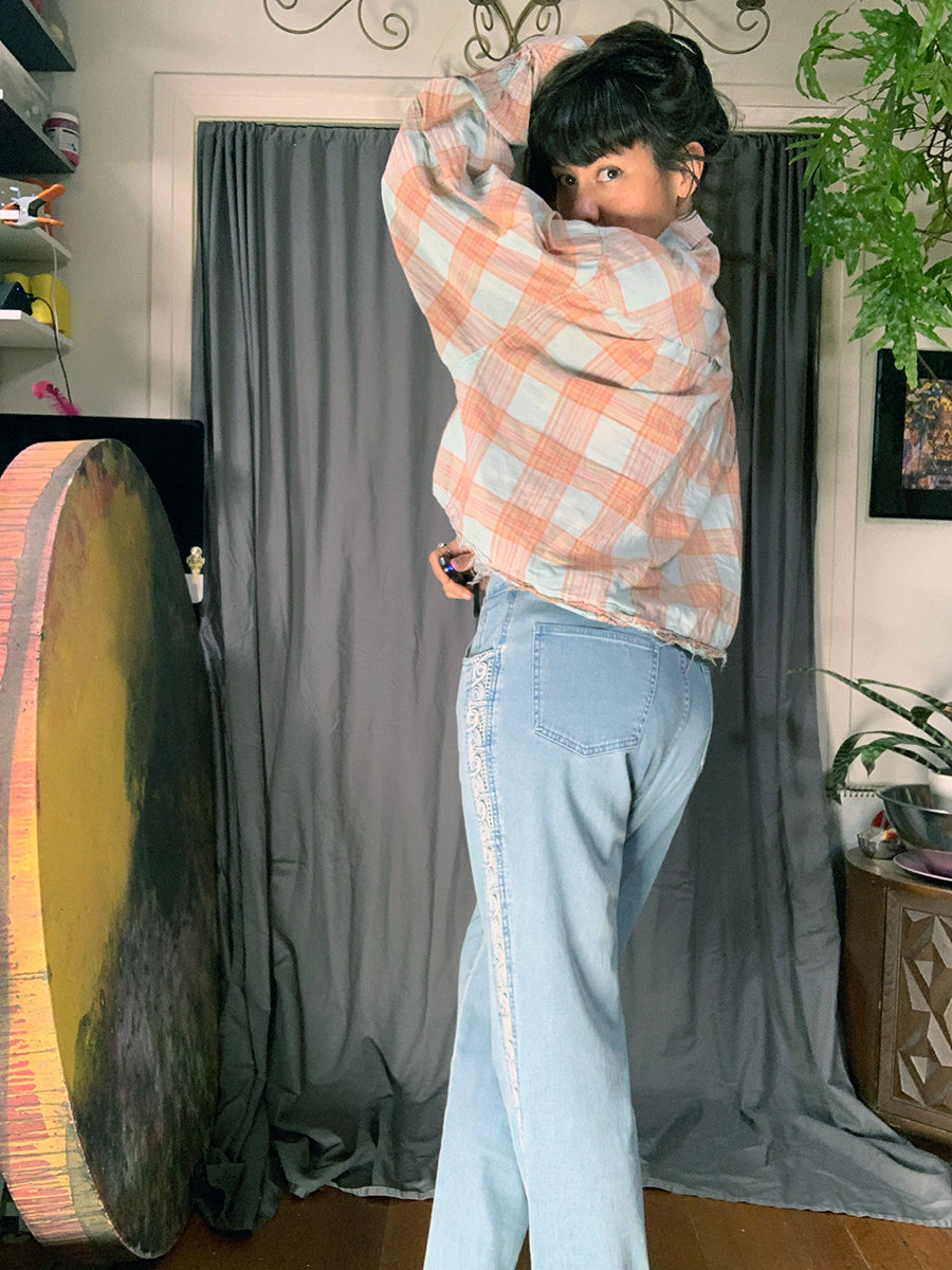 BDG “Callum” Cropped Button-Down Pastel Plaid Blouse