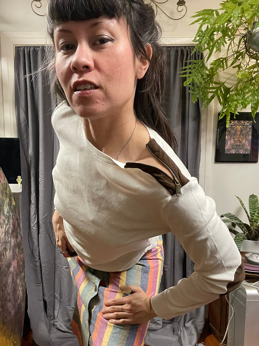 LRL Lauren Ralph Lauren Jeans Co. Ribbed Long Sleeve Off White Top with Brown Ultrasuede Elbow Patches & Zippered Shoulder