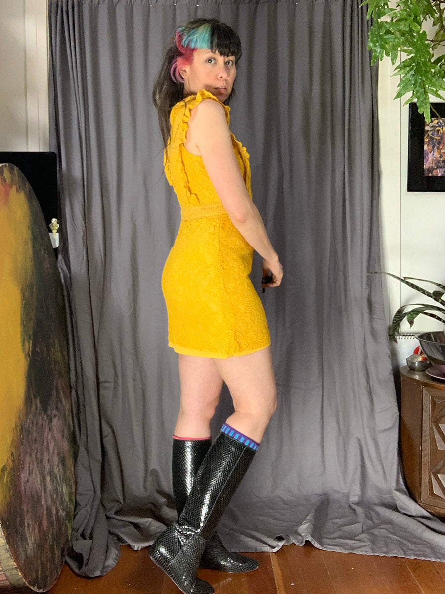 Aqua Yellow Lace Flutter Dress