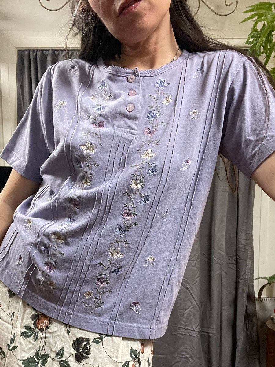 Shenanigans Nineties Cottagecore Floral Embroidered Lavender Henley Tee