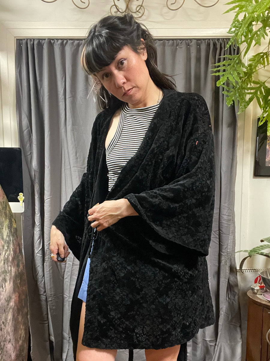 International Concepts Black Floral Burnout Velvet Robe