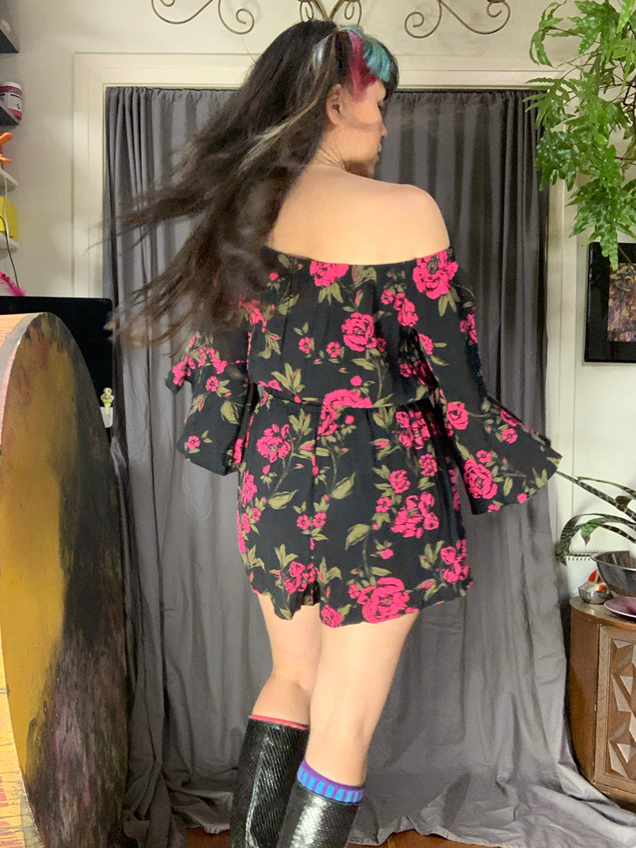 Express Black & Pink Rose Print Romper
