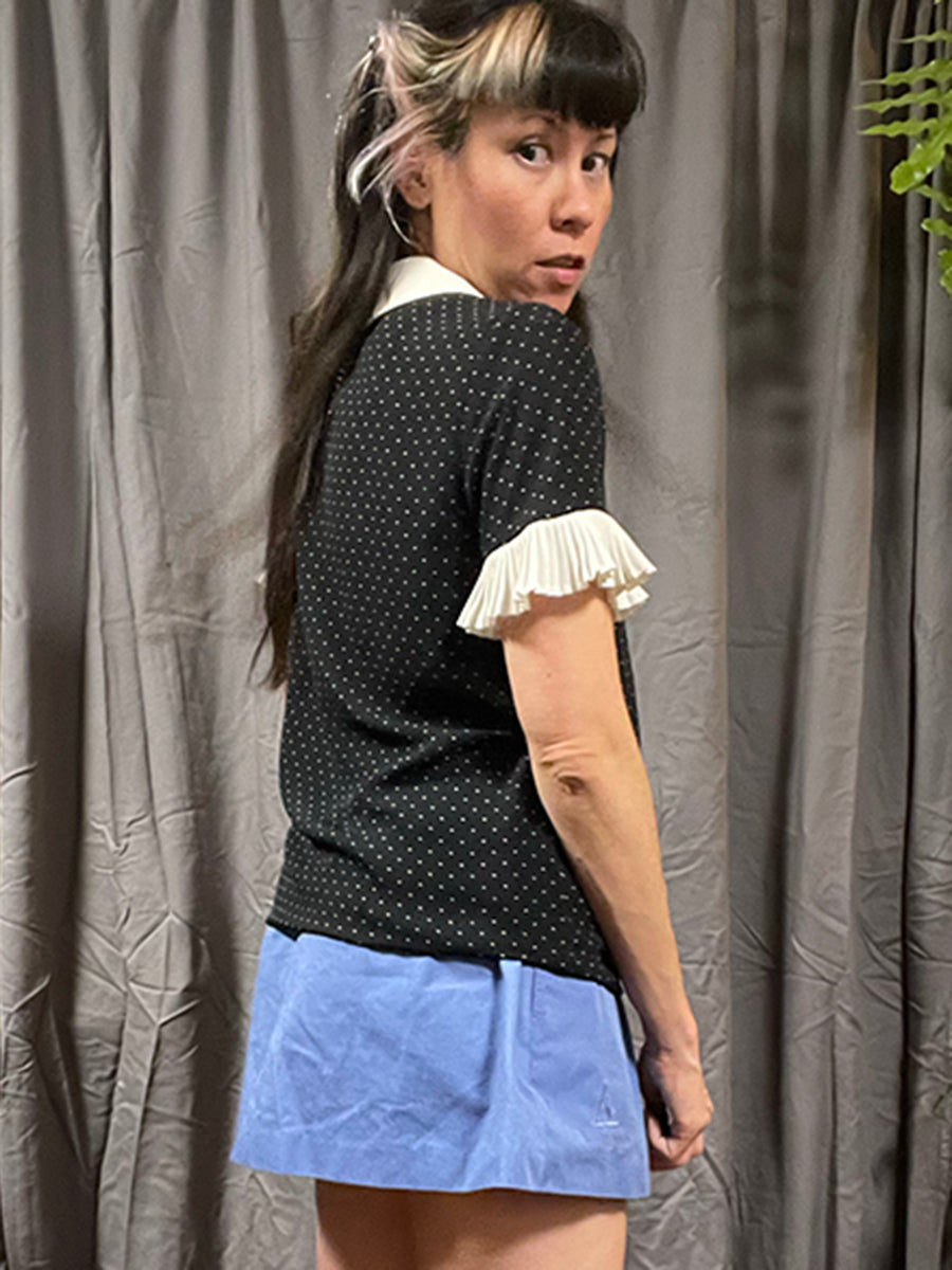 CeCe Swiss Dot Blouse with Contrast Collar & Pleated Sleeves