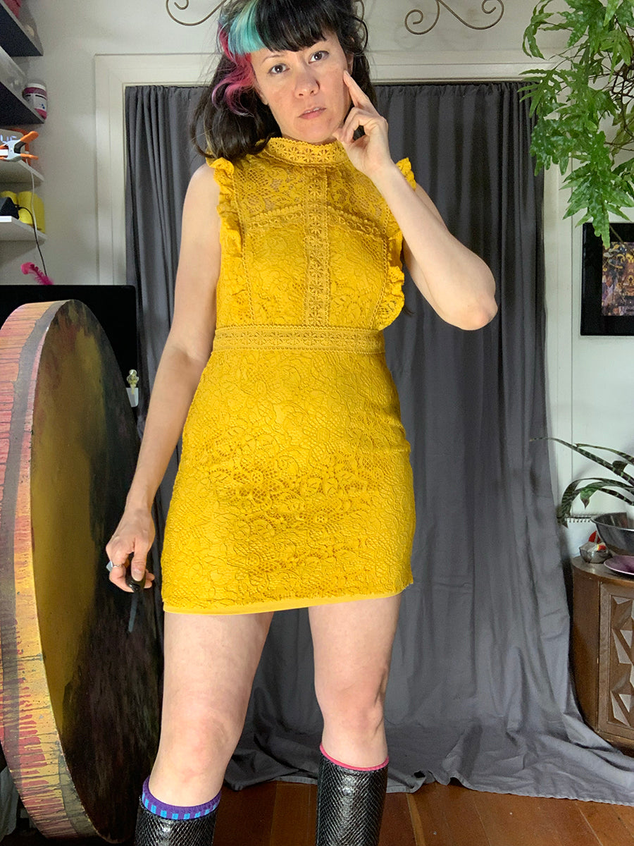 Aqua Yellow Lace Flutter Dress