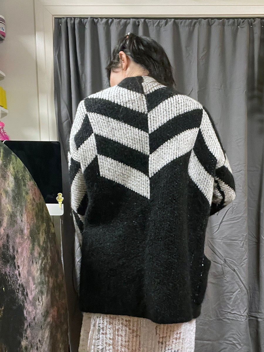 Maje "Milady" Black & White Chevron Cardigan Knit Car Coat