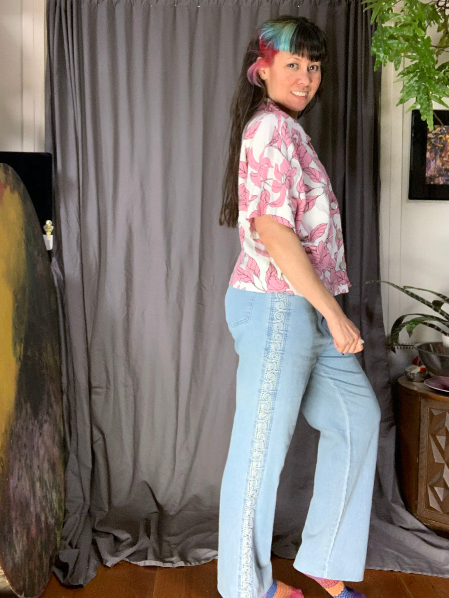 Marc New York Pink & White Floral Linen Blend Crop Blouse