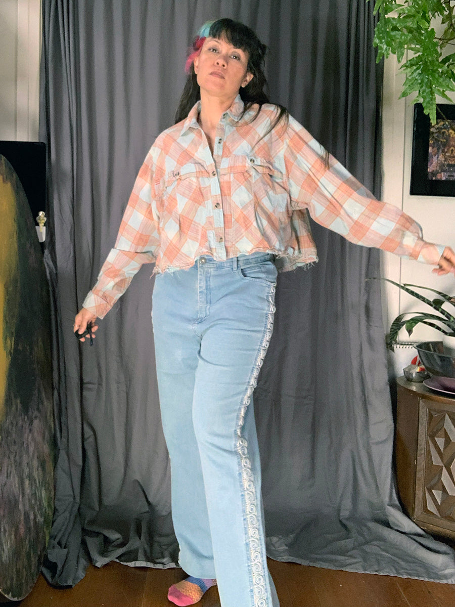 BDG “Callum” Cropped Button-Down Pastel Plaid Blouse