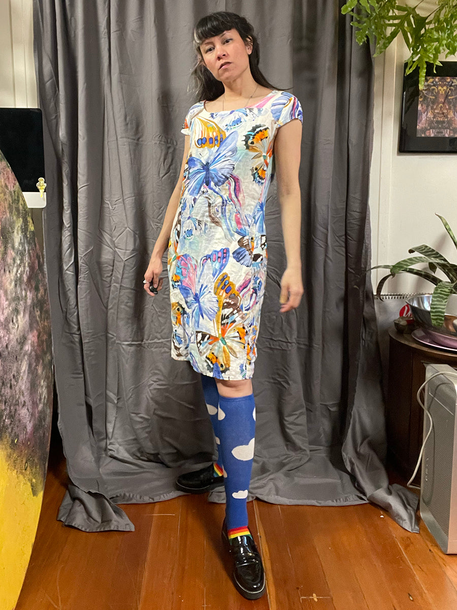 Linen Dress with Watercolor Butterfly Print