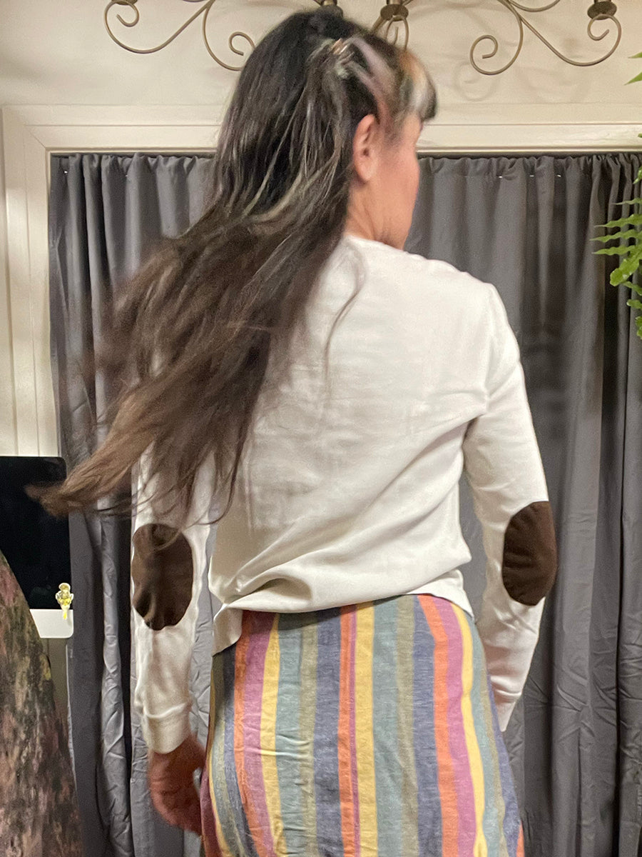 LRL Lauren Ralph Lauren Jeans Co. Ribbed Long Sleeve Off White Top with Brown Ultrasuede Elbow Patches & Zippered Shoulder